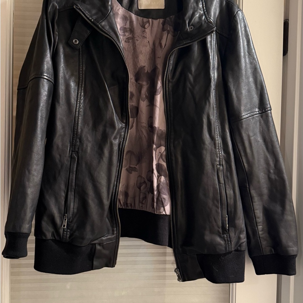 Soia & Kyo Lambskin Leather Jacket with Removable Hooded Knit Bib